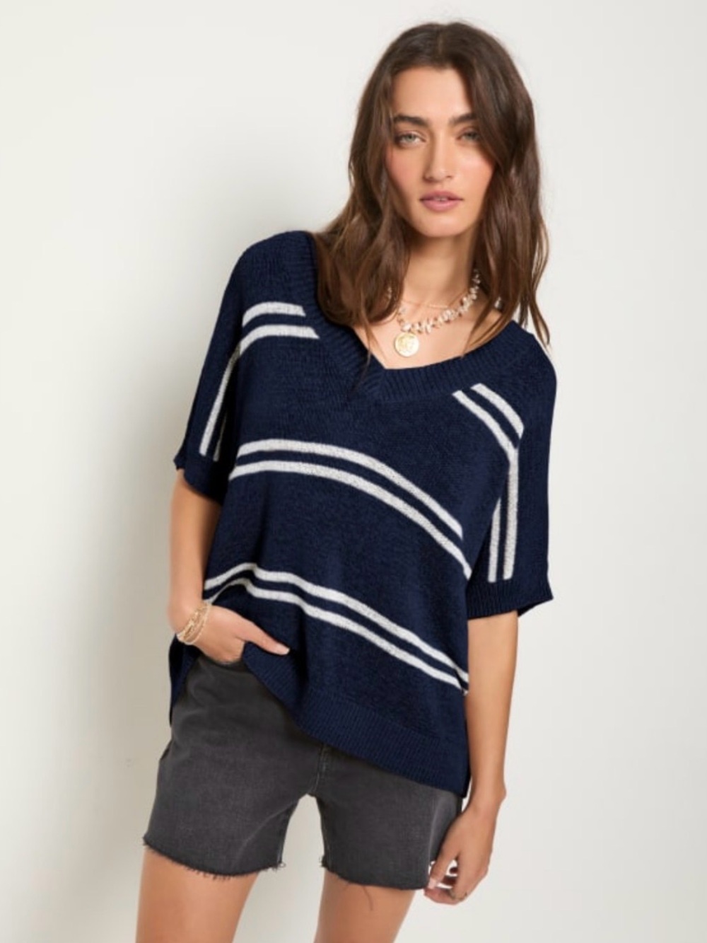 SEAS 78&Sunny Wavetide Navy White Striped V-Neck Sweater Tee XL